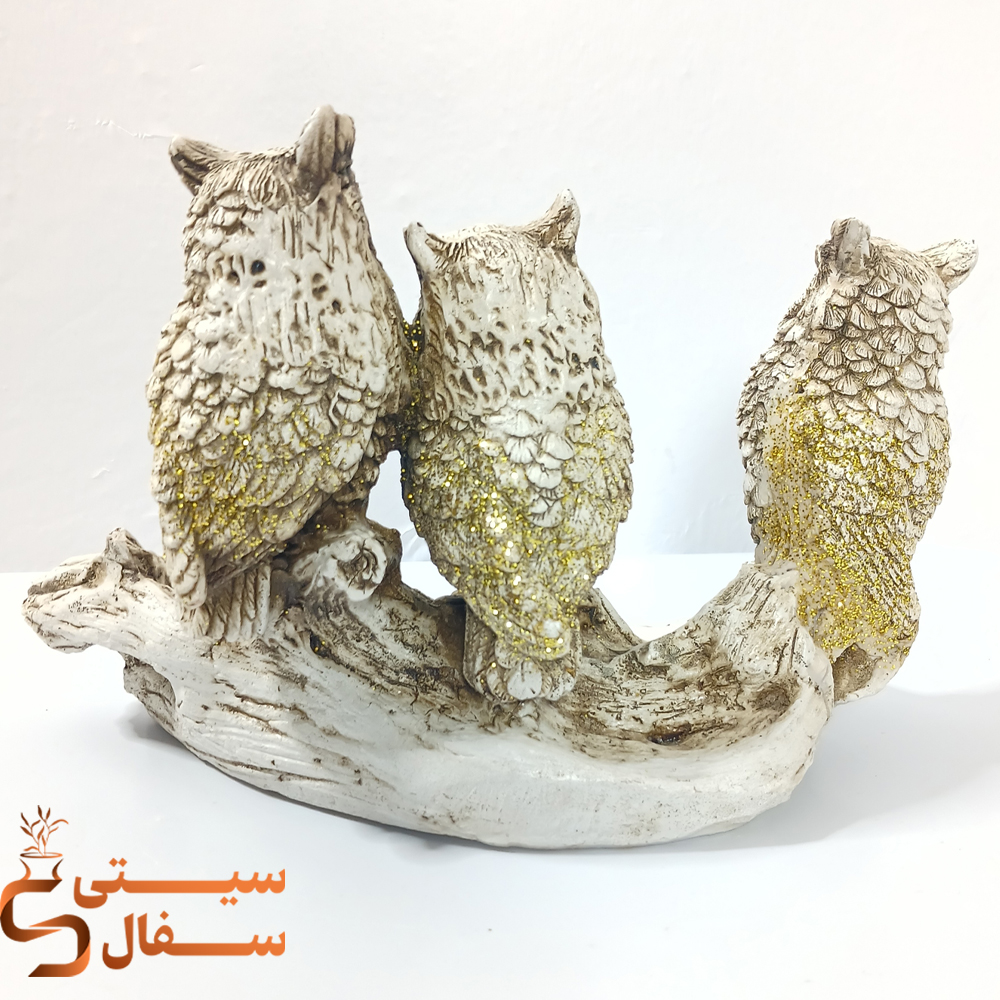 مجسمه دکوراتیو طرح جغد سه تایی روی تنه درخت مدل جا سبزه دار – جنس پلیاستر برند سیتی سفال تضمین کیفیت