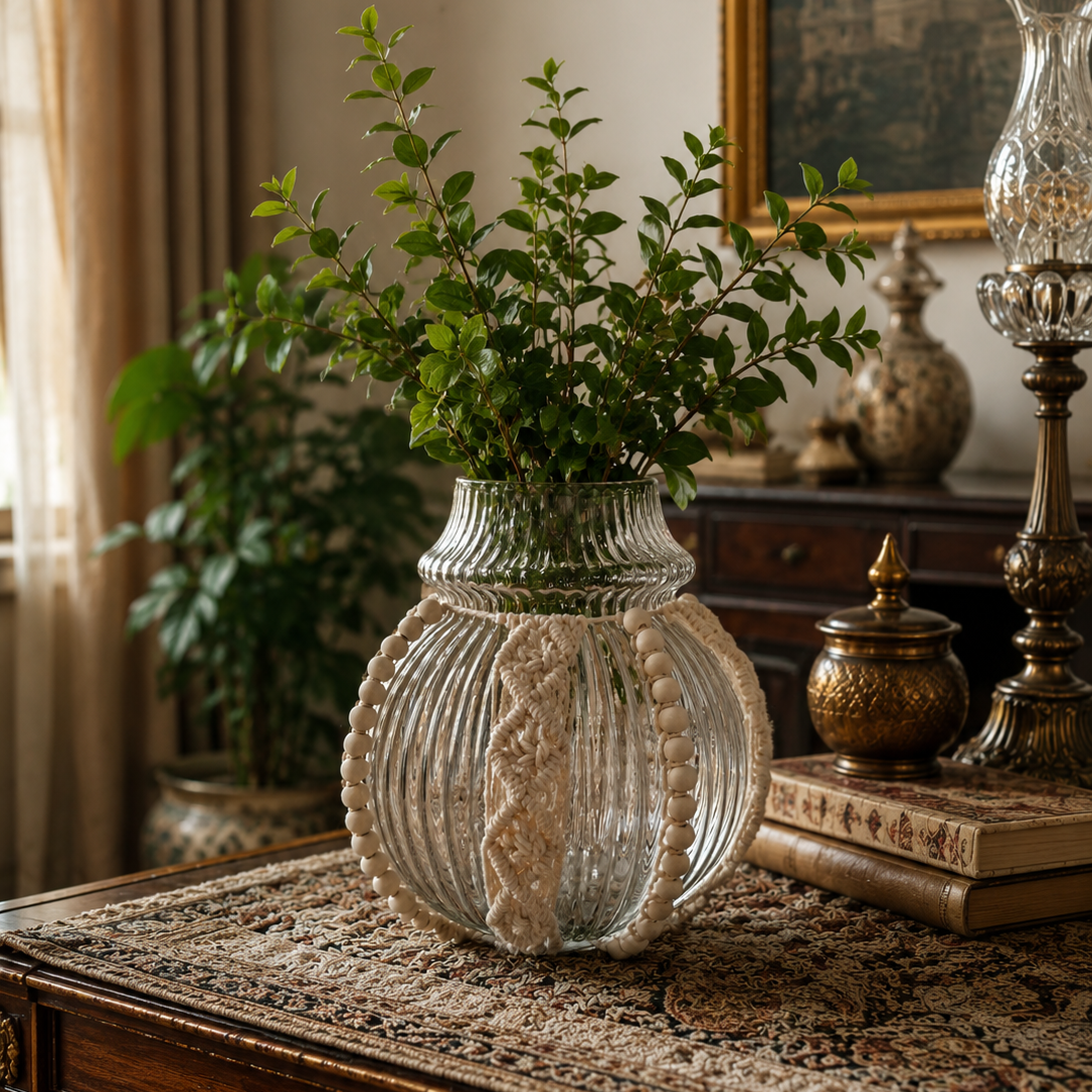 گلدان شیشه ای مکرومه طرح لوزی با مهره 