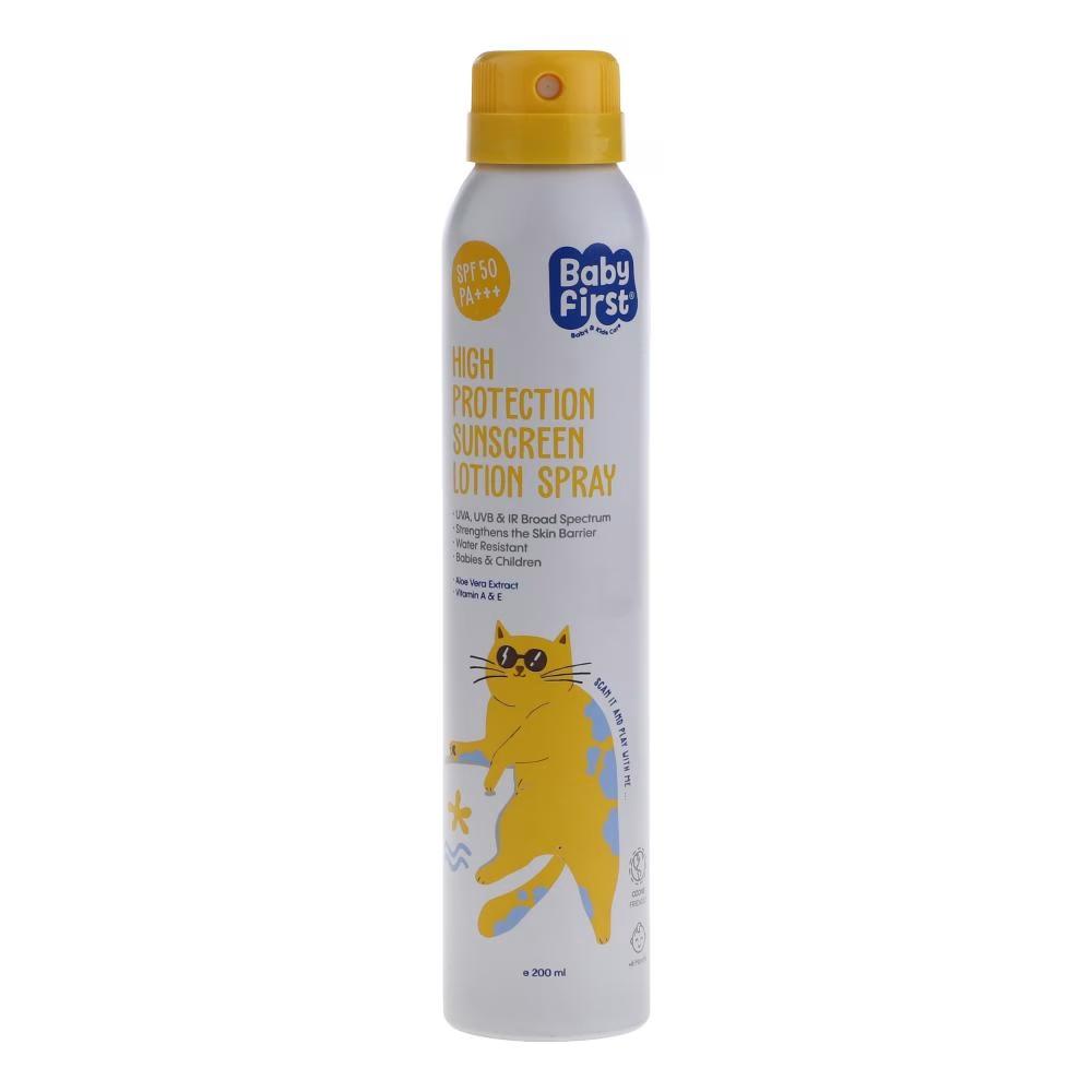اسپری ضد آفتاب بدون رنگ بیبی فرست SPF 50 مدل پروبیوتیک محافظت کننده در برابر اشعه UVB UVA با PA+++ مناسب پوستهای معم…
