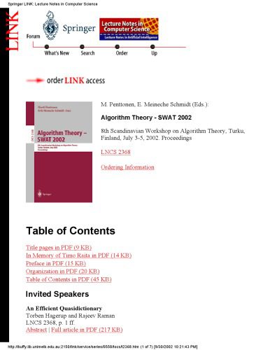 خرید و دانلود نسخه کامل کتاب Algorithm Theory — SWAT 2002: 8th Scandinavian Workshop on Algorithm Theory Turku  Finland