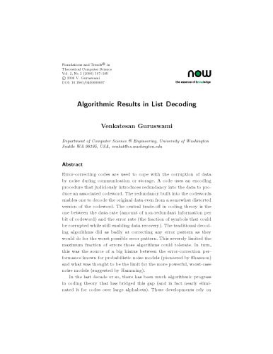 خرید و دانلود نسخه کامل کتاب ALGORITHMIC RESULTS IN LIST DECODING (Foundations and Trends(R) in Theoretical Computer Sci