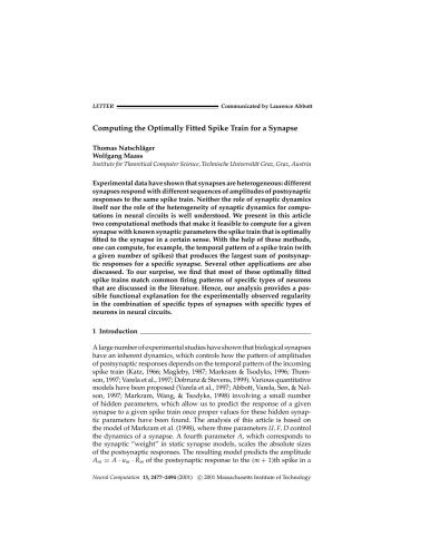 خرید و دانلود نسخه کامل کتاب Computing the Optimally Fitted Spike Train for a Synapse فایل مجازی و دانلودی
