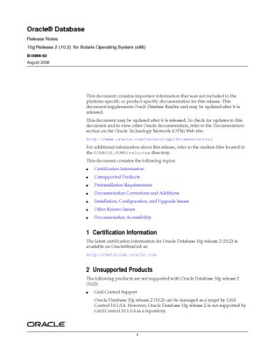 خرید و دانلود نسخه کامل کتاب Oracle Database Release Notes 10g Release 2 (10.2) for Solaris Operating System (x86) B1569