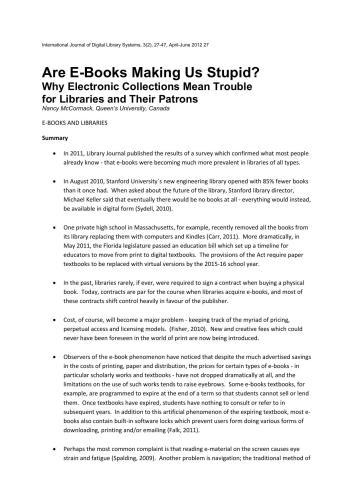 خرید و دانلود نسخه کامل کتاب Are E-Books Making Us Stupid?: Why Electronic Collections Mean Trouble for Libraries and Th