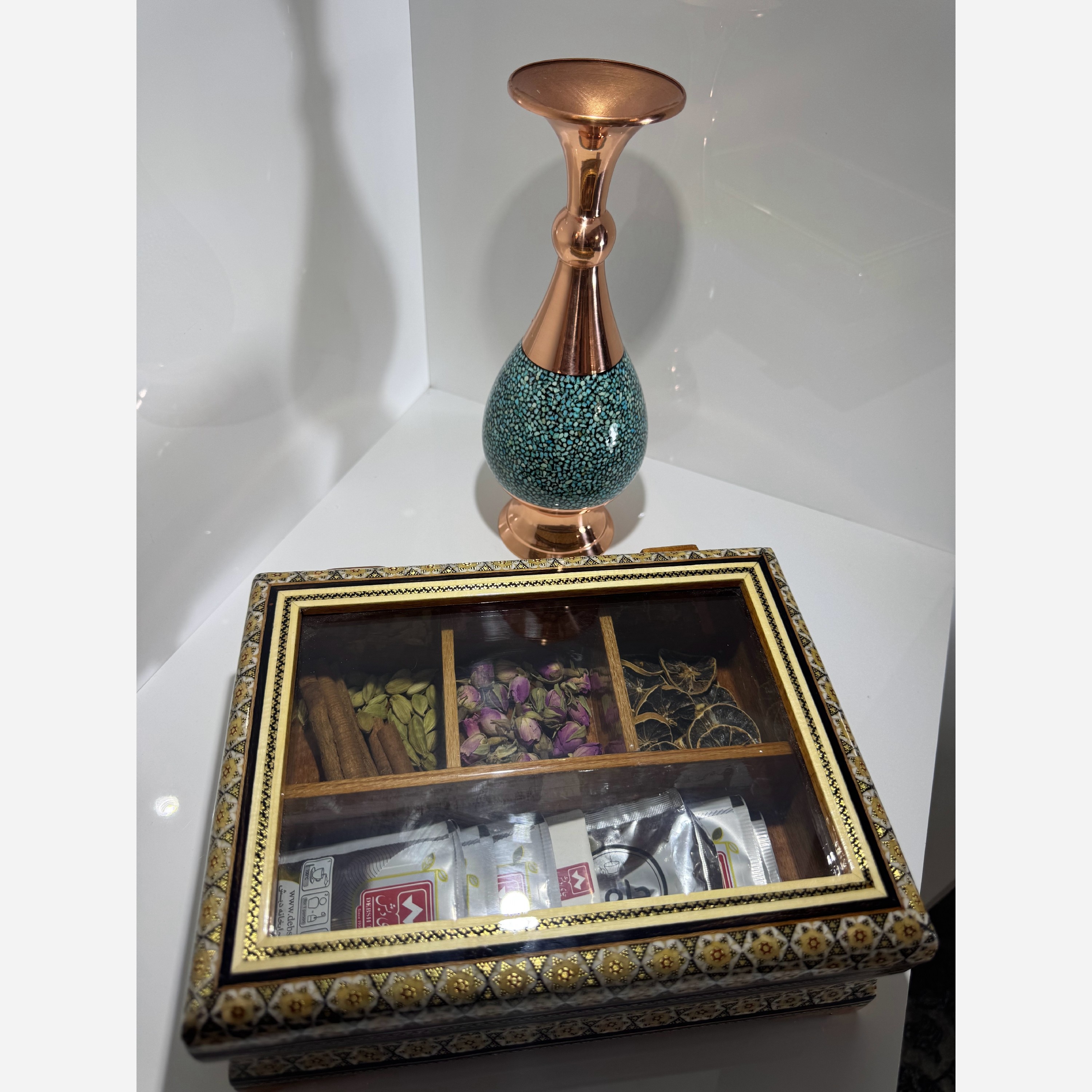 جعبه پذیرایی خاتم کاری (جعبه تی بگ و جعبه ی دمنوش و تی باکس)