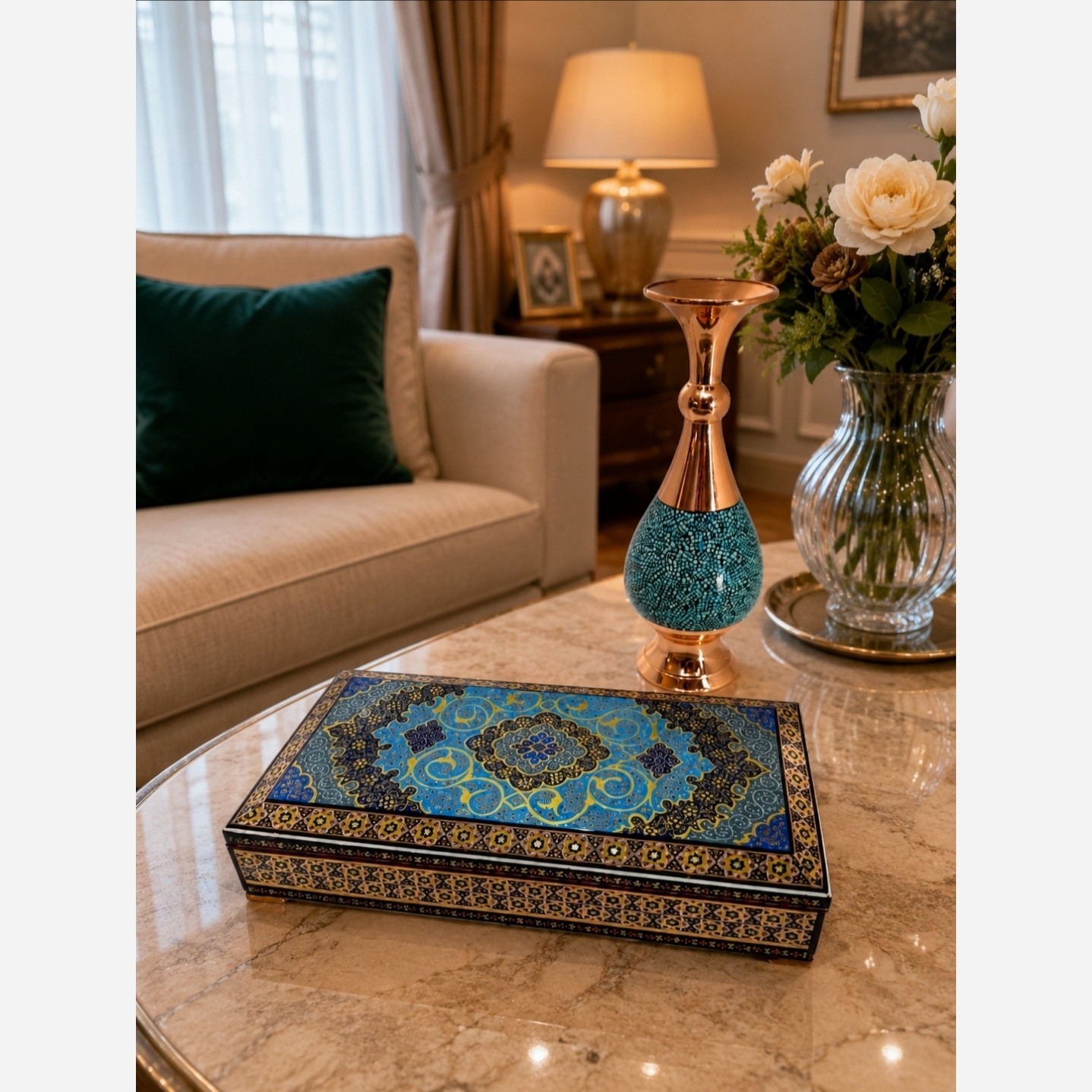 جعبه خاتم کاری در سه طرح( شکار، تذهیب و خاتم)