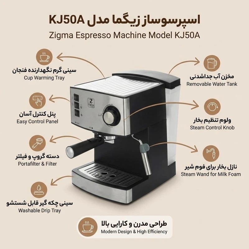 اسپرسو ساز 15 بار اورجینال زیگما ، فوق العاده باکیفیت، 18 ماه گارانتی