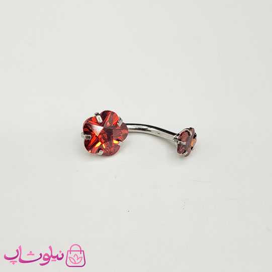 پیرسینگ ناف استیل نقره ای رنگ طرح گل قرمز کد 149