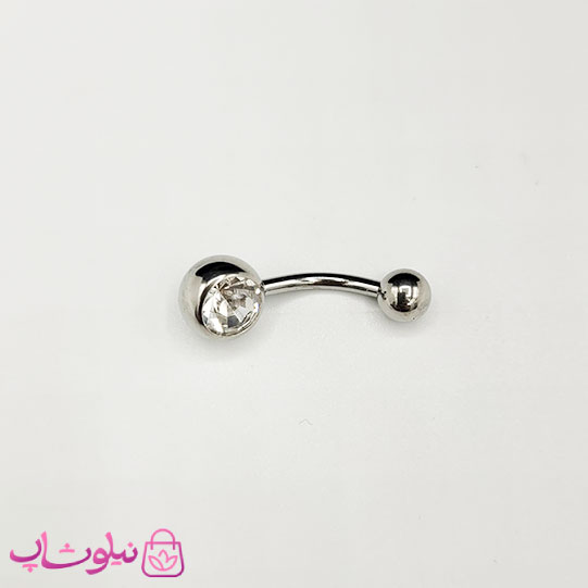 پیرسینگ ناف استیل نقره ای رنگ نگین سفید کد 52