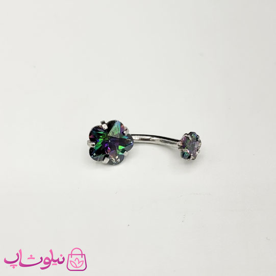 پیرسینگ ناف استیل نقره ای رنگ طرح گل سبز هفت رنگ کد 149