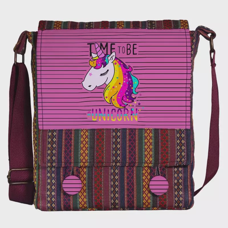 کیف دوشی چی چاپ طرح اسب تکشاخ صورتی با پارچه سنتی کد Pink unicorn