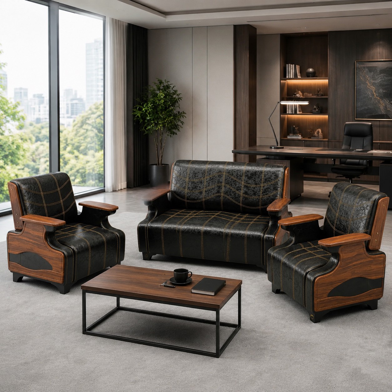 خرید مبل اداری لوکس N5600 چرم پارس دسته خلبانی وکیوم
