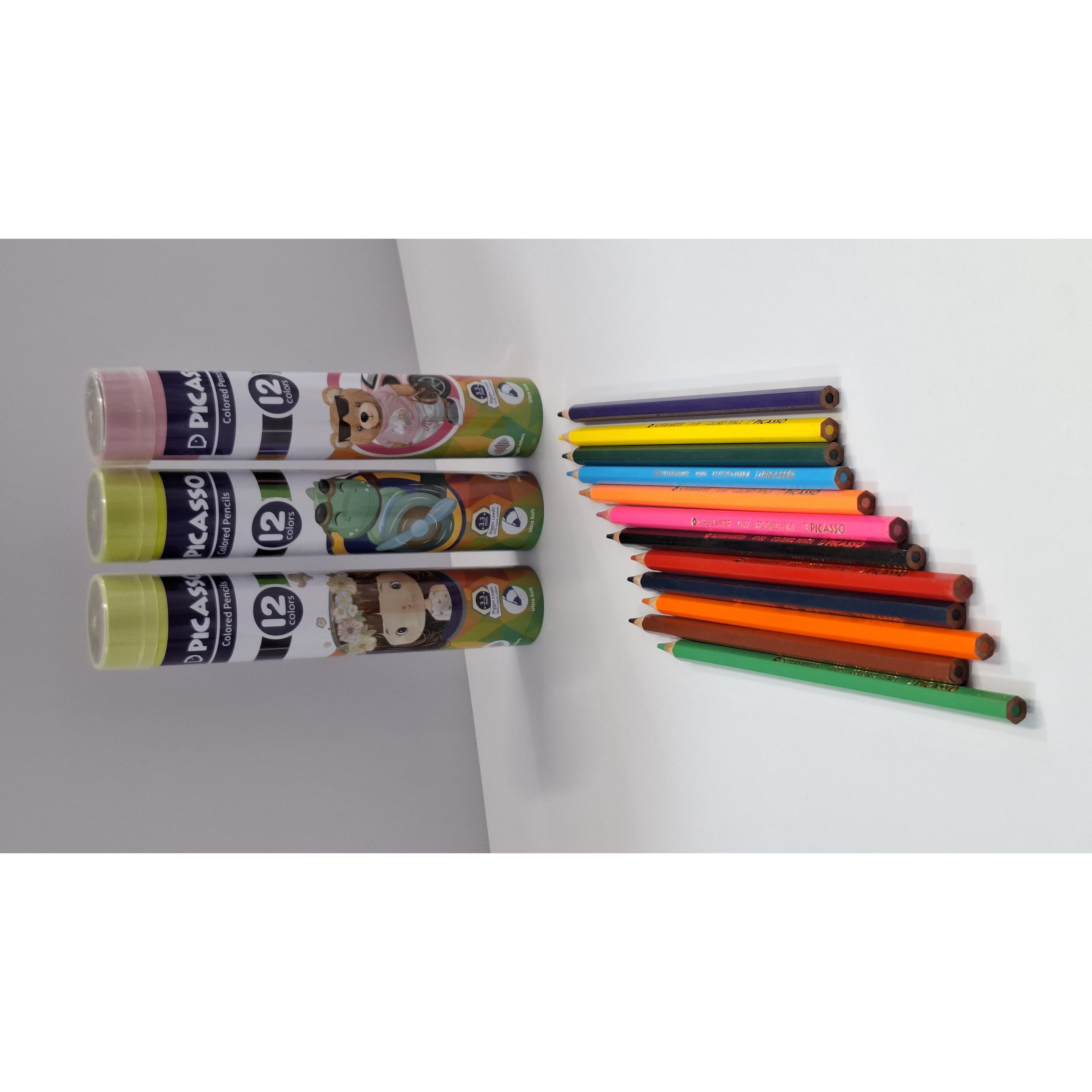مداد رنگی 12 رنگ پیکاسو با تراش عالی همراه قاب استوانه ای فلزی