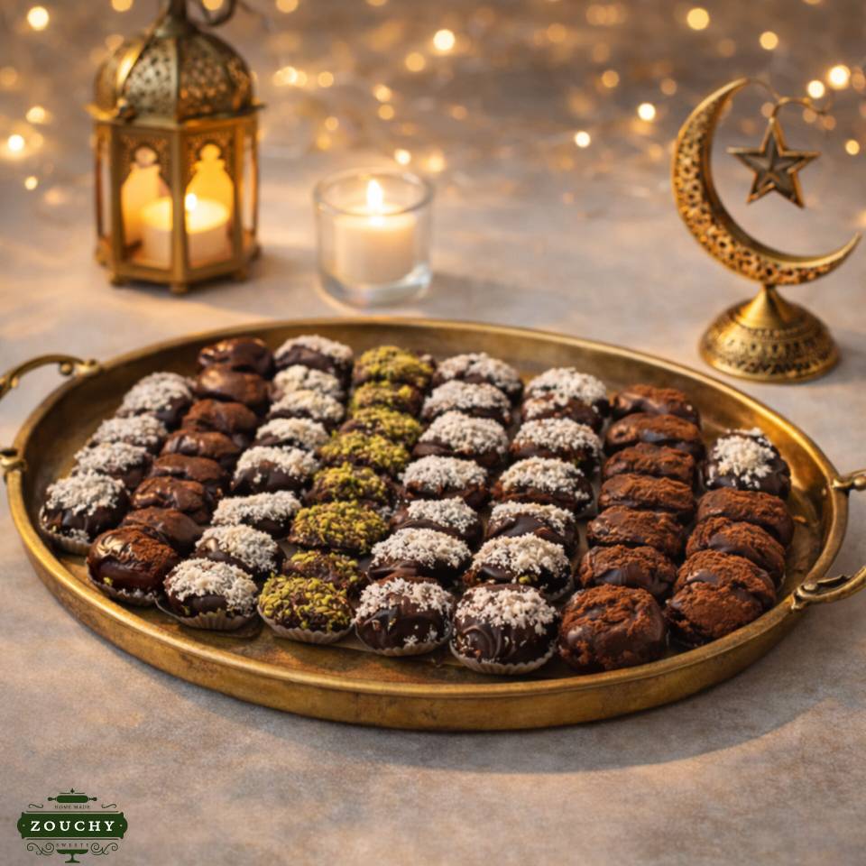 خرما شکلاتی با تزئین چهارمغز و قهوه