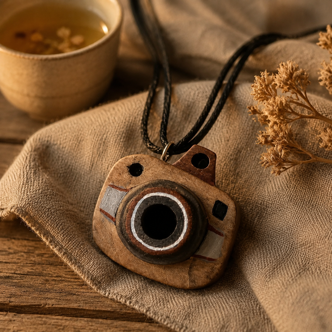 گردنبند چوبی با هنر دست دوربین