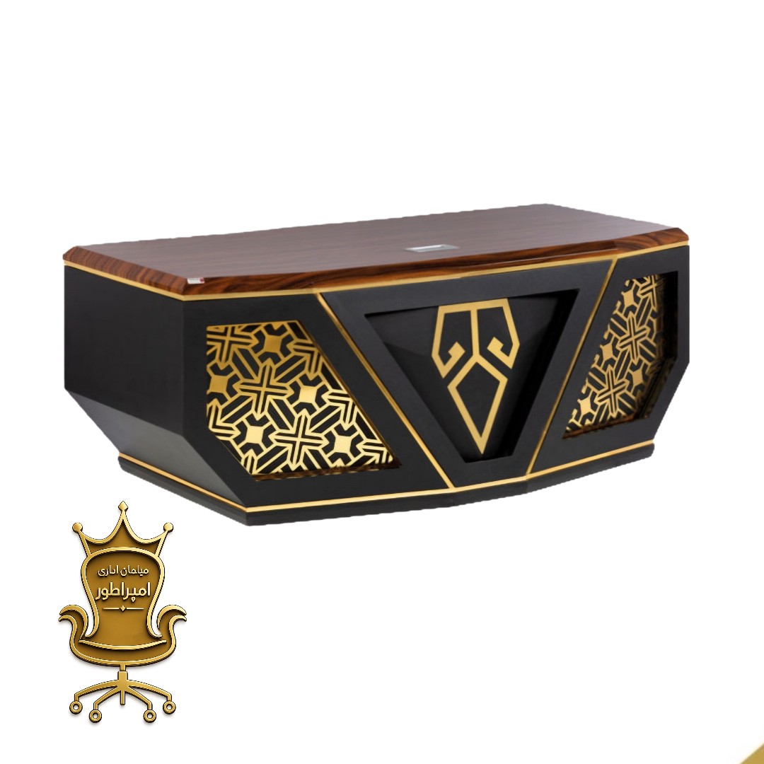میز مدیریت اداری لاکچری مدل M03 امپراطور قابل سفارش با ال و بدون ال، سه کشو، MDF و هایگلاس، 2 سال ضمانت