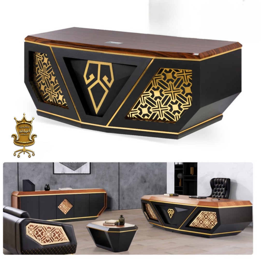 میز مدیریت اداری لاکچری مدل M03 امپراطور قابل سفارش با ال و بدون ال، سه کشو، MDF و هایگلاس، 2 سال ضمانت