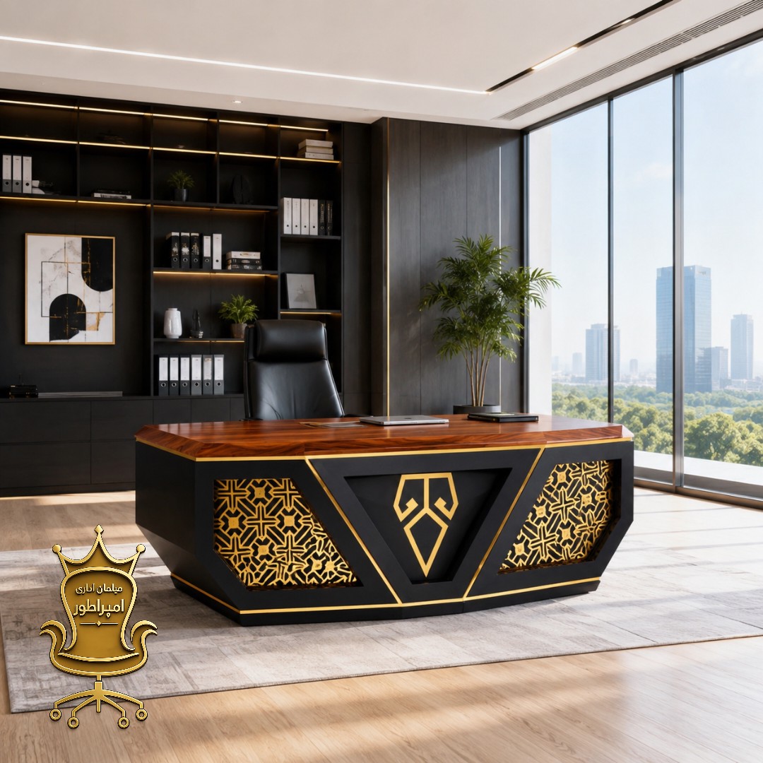 میز مدیریت اداری لاکچری مدل M03 امپراطور قابل سفارش با ال و بدون ال، سه کشو، MDF و هایگلاس، 2 سال ضمانت