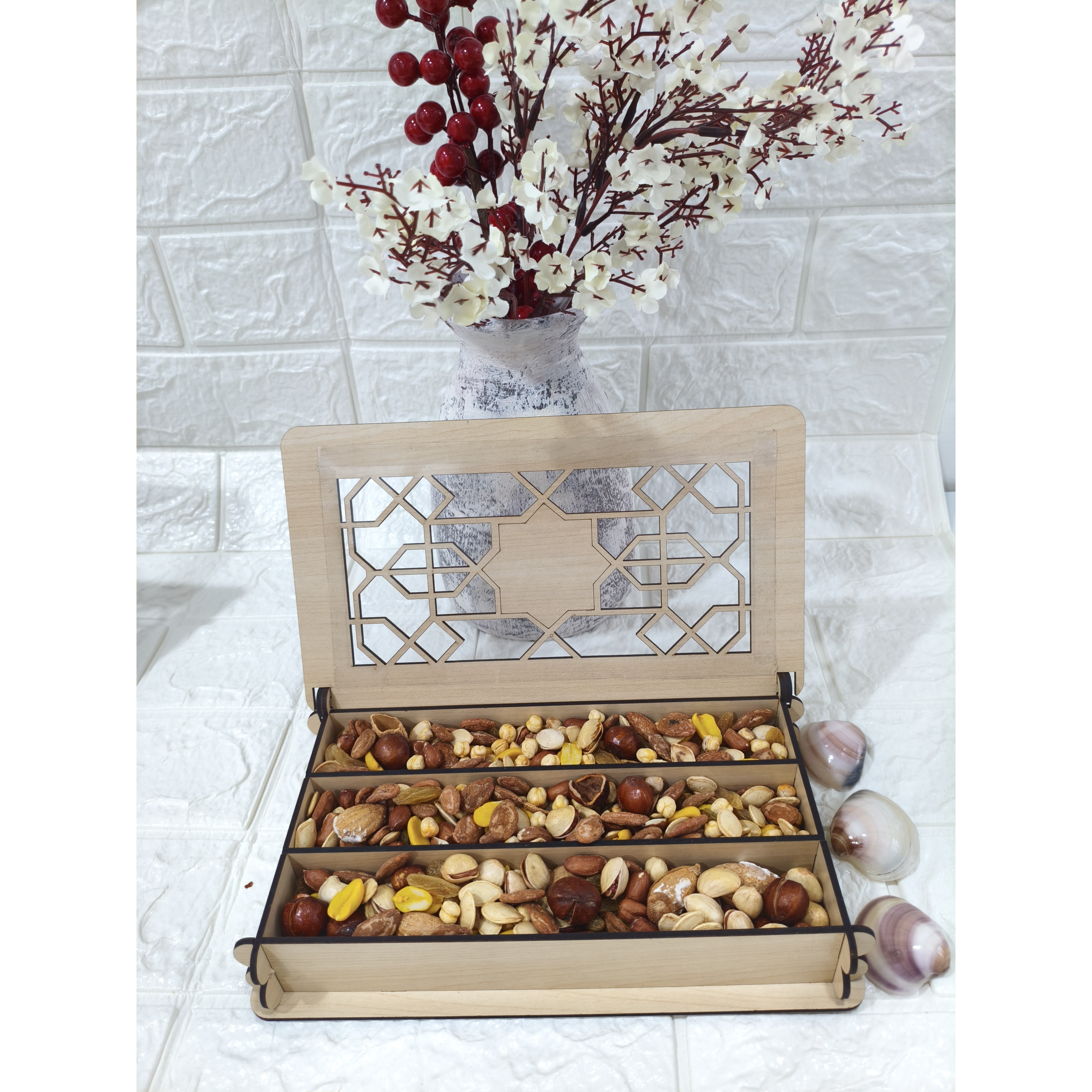 باکس چوبی پذیرایی آجیل و خشکبار طرح ستاره3خونه( افرا)