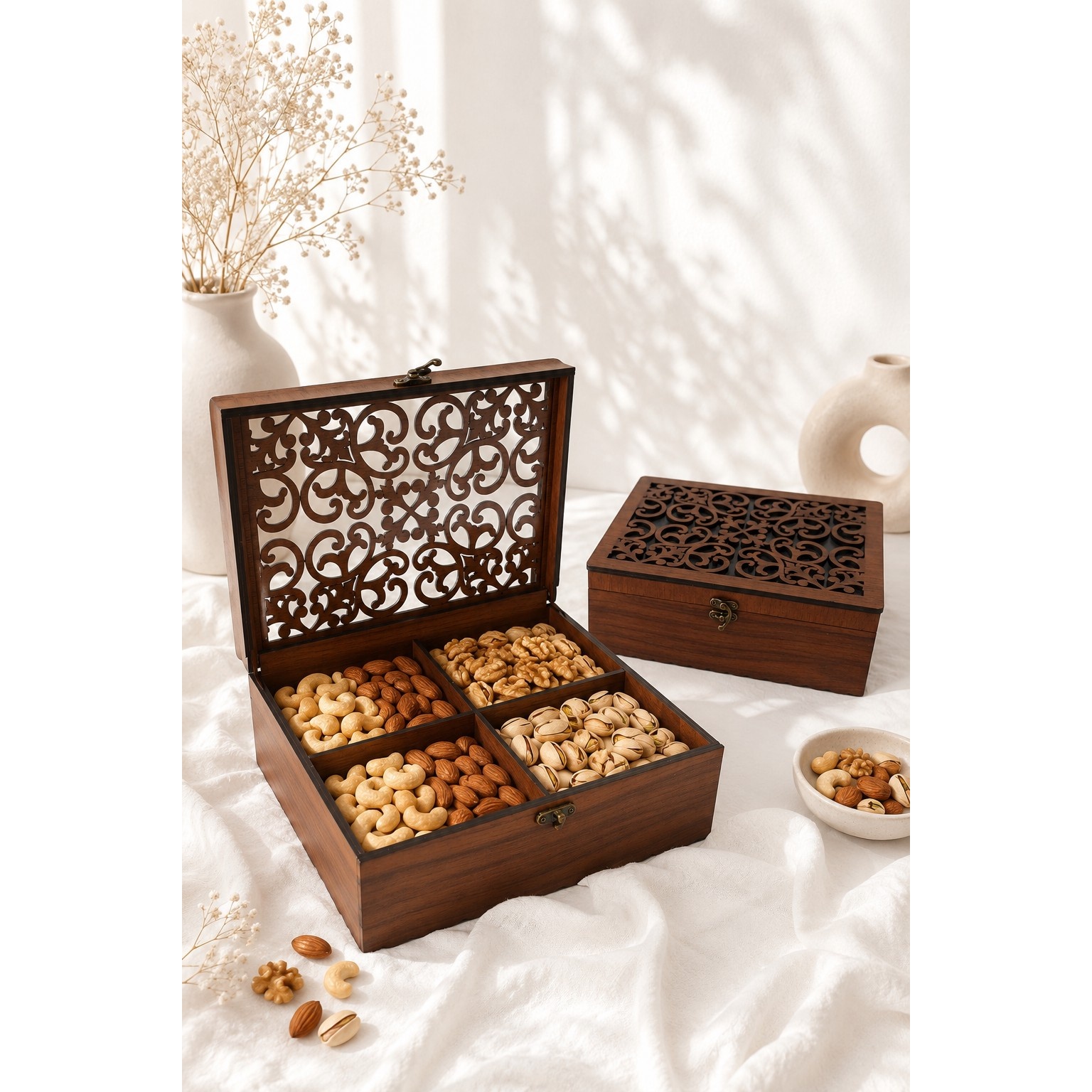 باکس چوبی آجیل و خشکبار مدل شاپرک4خونه(فندقی)