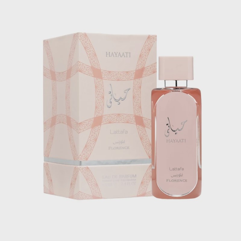 عطر ادوپرفیوم ادکلن زنانه حیاتی صورتی برند اصل لطافه(اماراتی)100میل فلورنس Lattafa Hayaati florance