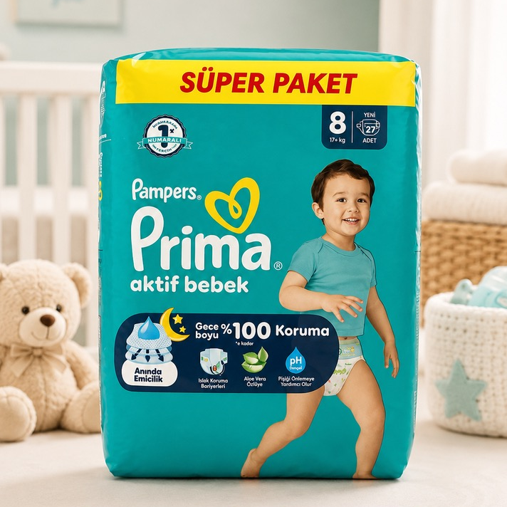 پوشک کودک پمپرز پریما چسبی مدل Aktif Bebek سایز 8 بسته 27عددی ( محصول آلمان)