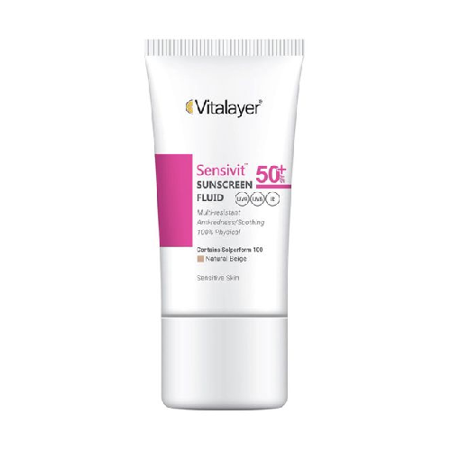 فلوئید ضد آفتاب پوست حساس سنسی ویت SPF50 نچرال بژ 50 میل ویتالیر