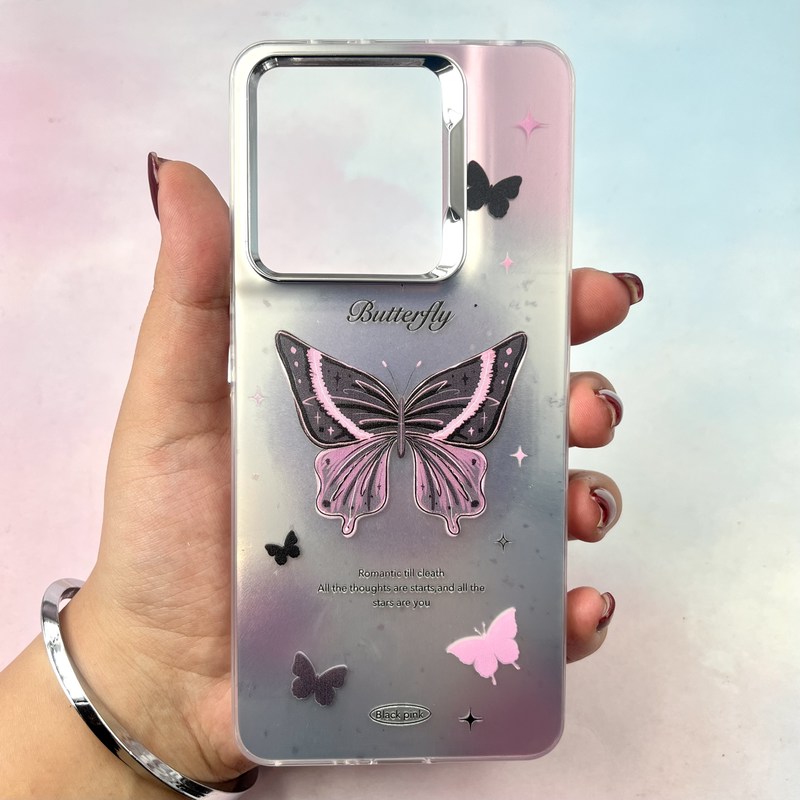قاب گوشی Redmi Note 13 4G شیائومی Crystal Case پینترستی نقاشی لنز سیلور طرح پروانه صورتی کد 682309