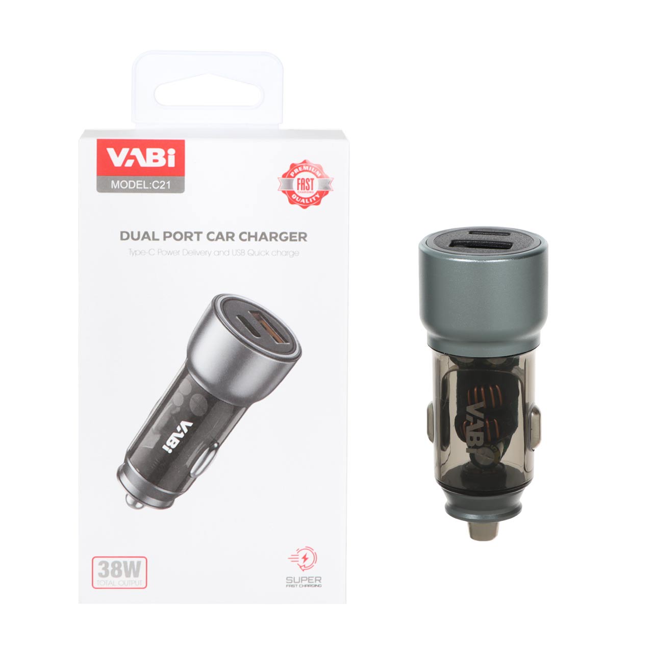 شارژر فندکی فست و PD دو پورت VABI مدل C21 38W