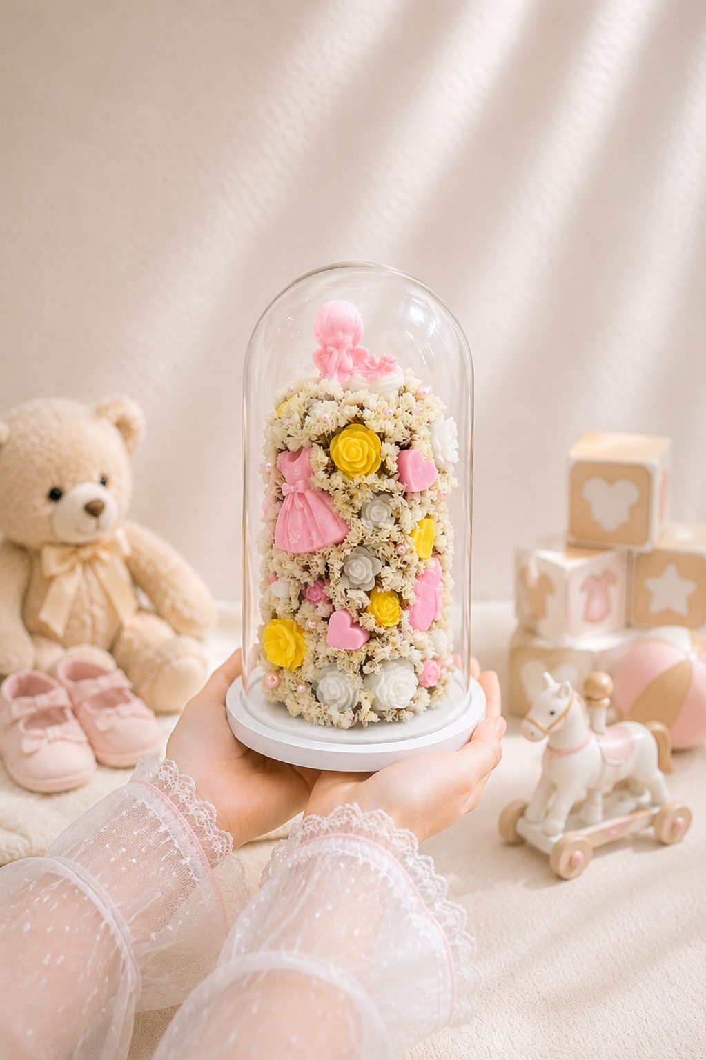 باکس شیشه ای شمع اقتصادی طرح نوزادی دخترانه