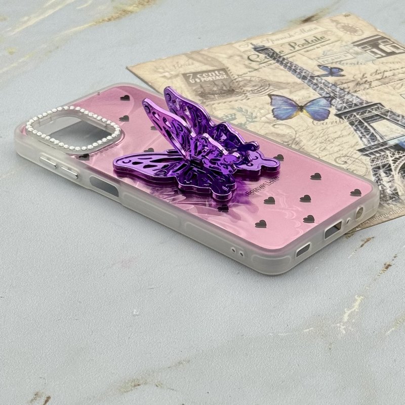 قاب گوشی Galaxy A12 - M12 سامسونگ فانتزی IMD لنز نگین دار دور مات دکمه کرومی طرح قلب و پروانه کیوت کد 165752