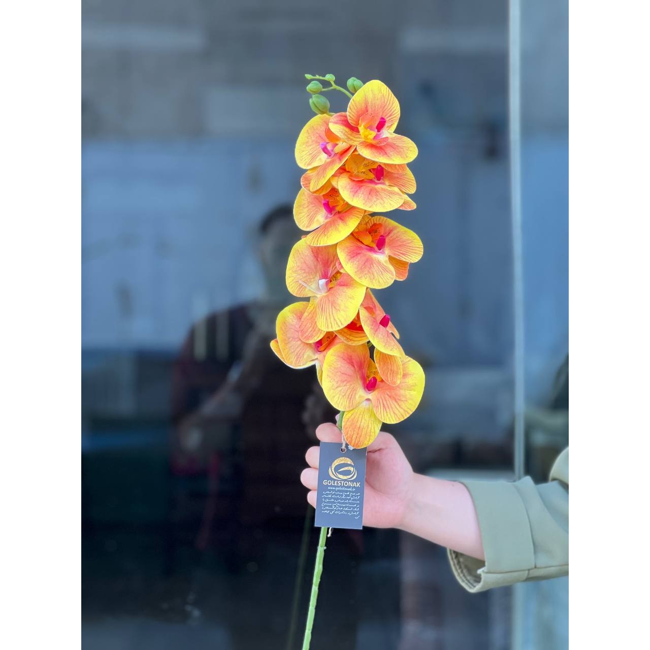 ارکیده مصنوعی 9گل لمسی رنگ خورشیدی