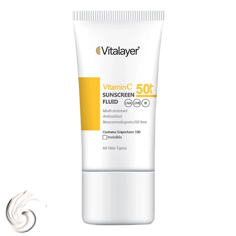 فلوئید ضد آفتاب بدون رنگ ویتالیر SPF50 مدل Vitamin C محافظ UVA ،UVB، ضد چروک، روشن کننده، مناسب انواع پوست حجم 50 میل...