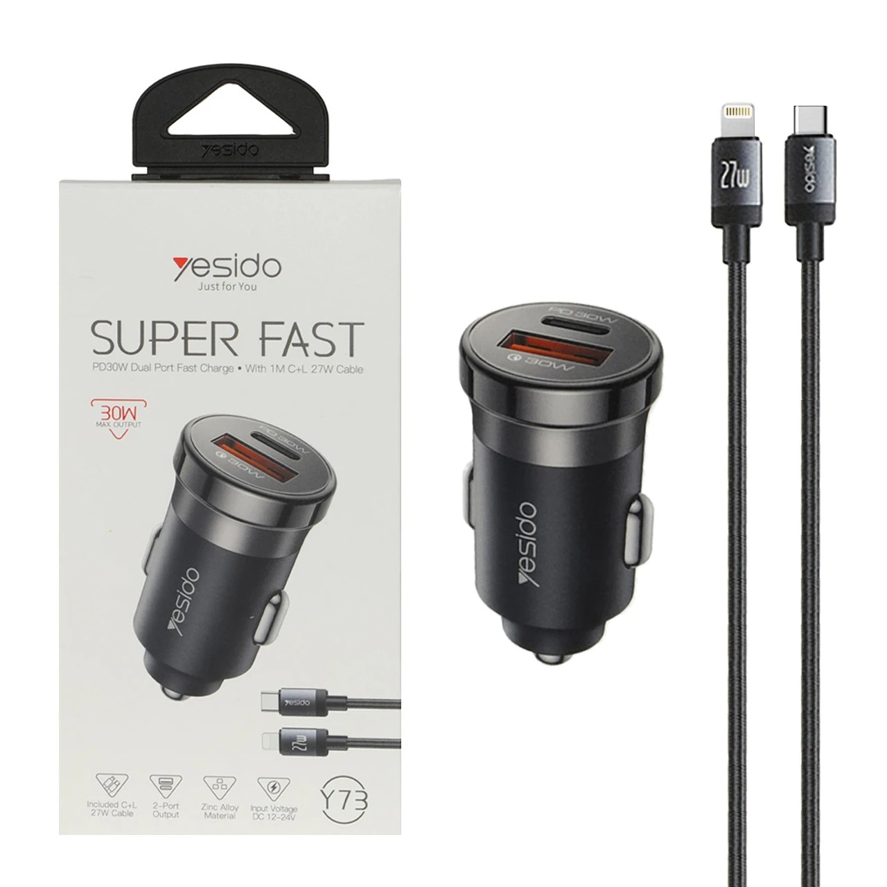 شارژر فندکی سوپر فست و PD دو پورت Yesido مدل Y73 30W به همراه کابل شارژ Type-C To Lightning