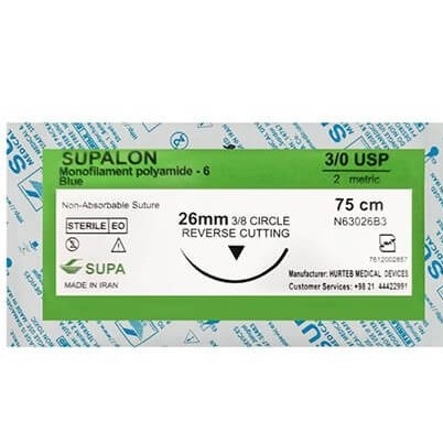 نخ بخیه نایلون سوپا ریورس کات سایز 3/0 ا Supalon Non Absorbable Suture Reverse Cutting) 3/0)