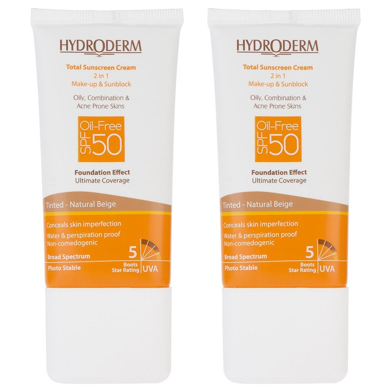 کرم ضد آفتاب رنگی هیدرودرم SPF 50 مدل NB مناسب پوستهای چرب و مختلط حجم 40 میلیلیتر مجموعه دو عددی