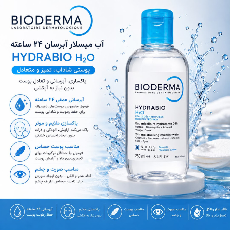 محلول پاک کننده آرایش صورت بایودرما مدل Hydrabio H2O مناسب انواع پوست حجم 250 میلی لیتر
