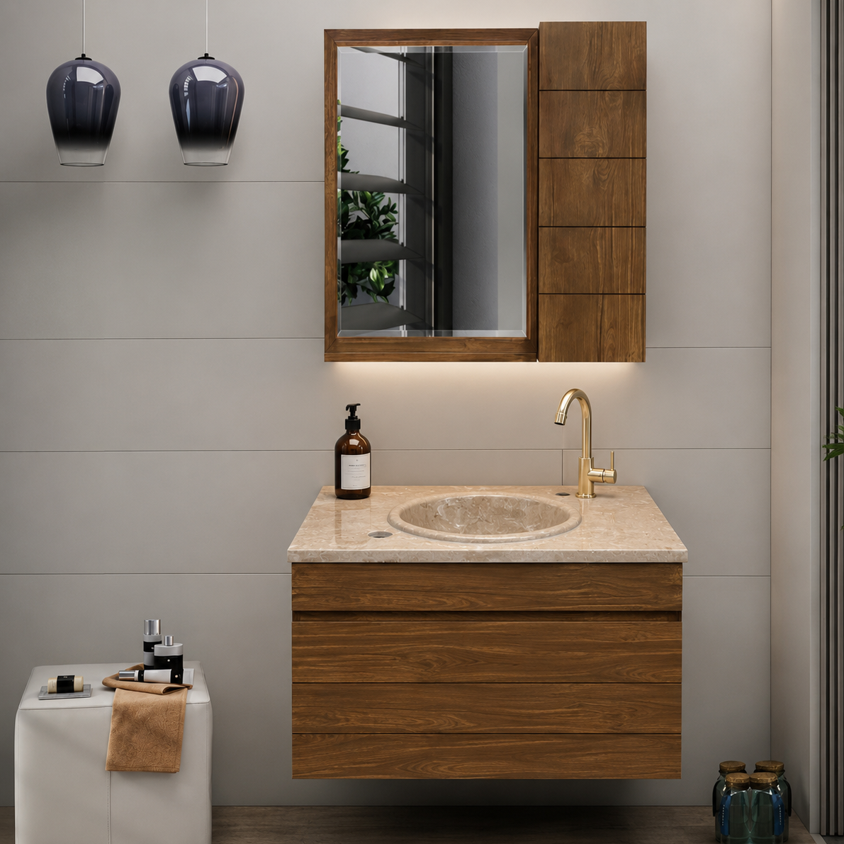 روشویی کابینتی طرح چوب 60*40 با سنگ طبیعی سیمکان تو کار و رو کار
