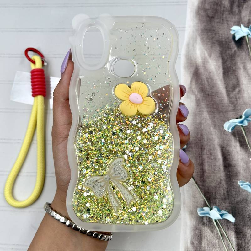قاب گوشی Galaxy A10S سامسونگ Starlight Case شاین سیلیکونی بند آویز دار طرح گل و پاپیون زرد کد 758922