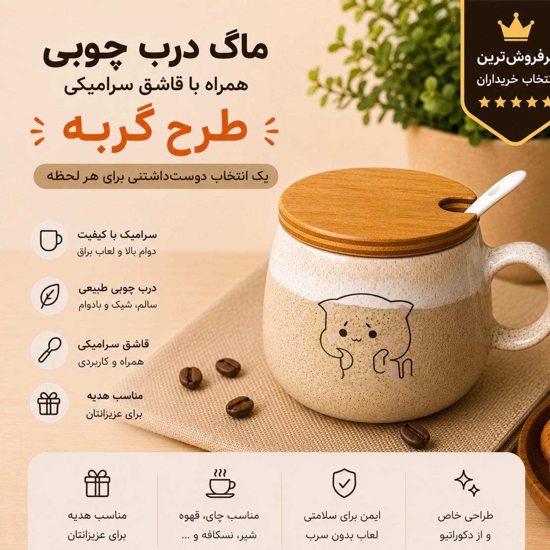 ماگ در چوبی با قاشق، ماگ سرامیکی، ماگ قاشق دار، ماگ در دار، ماگ فانتزی کد C14