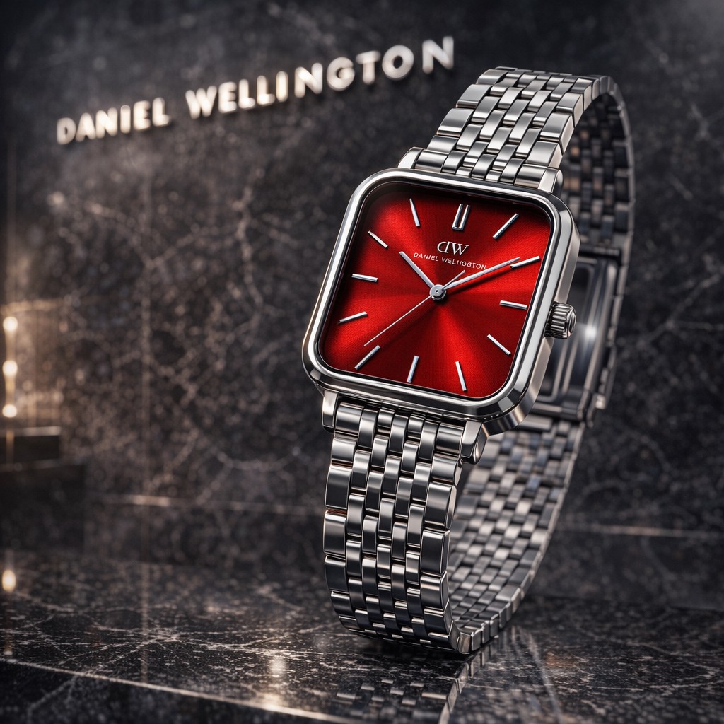ساعت مچی زنانه دانیال ولینگتون (Daniel Wellington) مدل Quadro - قاب مربعی با صفحه قرمز یاقوتی و بند استیل نقره ای