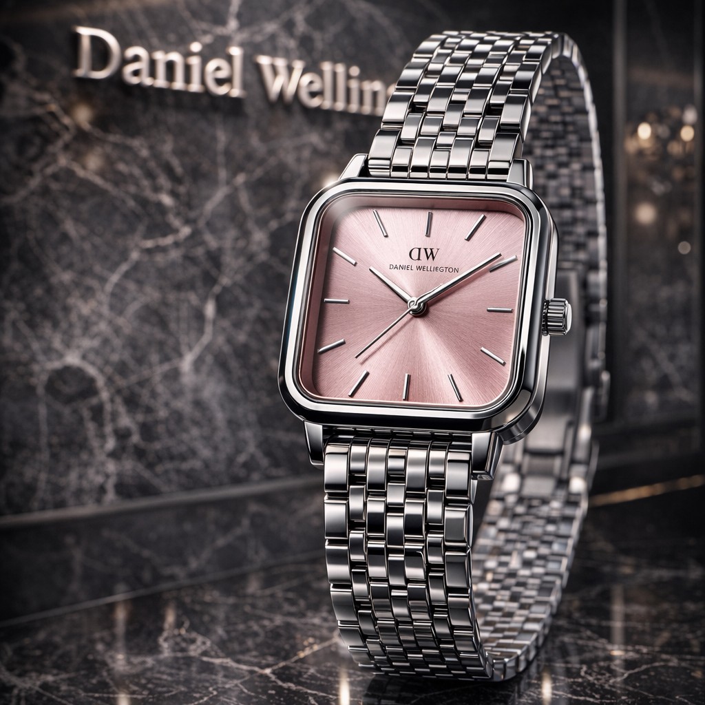 ساعت مچی زنانه دانیال ولینگتون (Daniel Wellington) مدل Quadro - قاب مربعی با صفحه صورتی یواش و بند استیل نقره ای