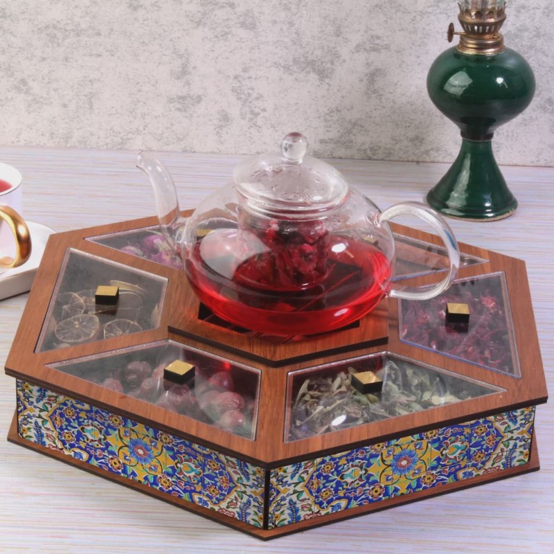 جعبه دمنوش 6 ضلعی وارمردار رنگ گردو روشن کد 105