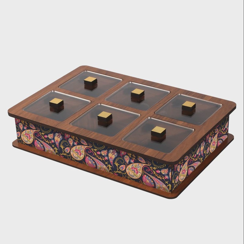 جعبه پذیرایی 6 خونه رنگ گردویی روشن کد 609