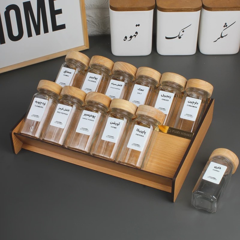 استند چوبی داخل کشویی ادویه به همراه شیشه ولیبل