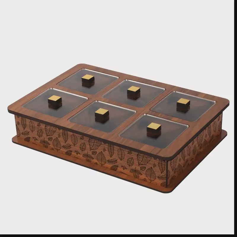 جعبه پذیرایی 6 خونه رنگ گردویی روشن کد 605