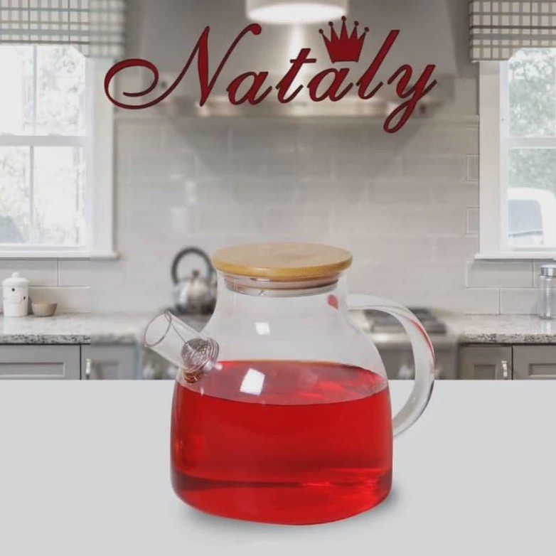قوری دمنوش پیرکس ساده 1000 میلی لیتر درب بامبو NATALY ناتالی شعله مستقیم