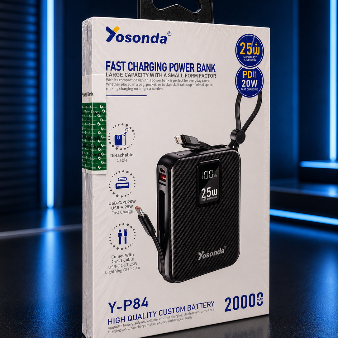 پاوربانک Yosonda مدل Y-P84 ظرفیت 20000 کابل سرخود شارژ سریع 25