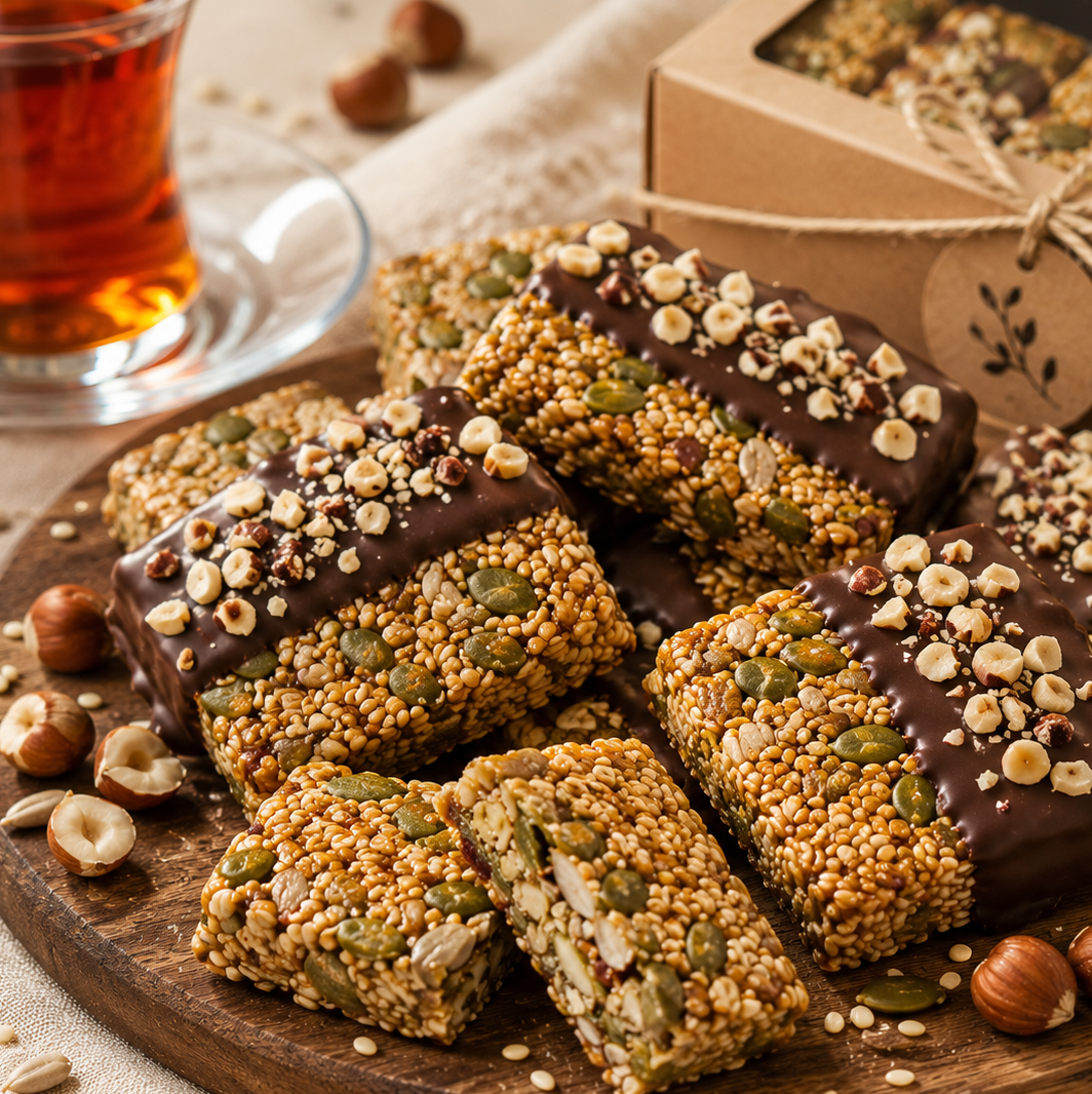 شیرینی کنجدی مغزدار با روکش شکلات تلخ و فندق 