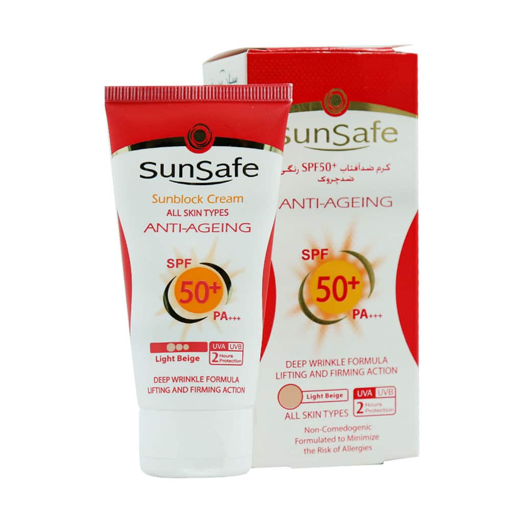 سان سیف کرم ضد آفتاب ضد چروک کرم پودری بژ روشن با SPF +50 مناسب انواع پوست 50 میل